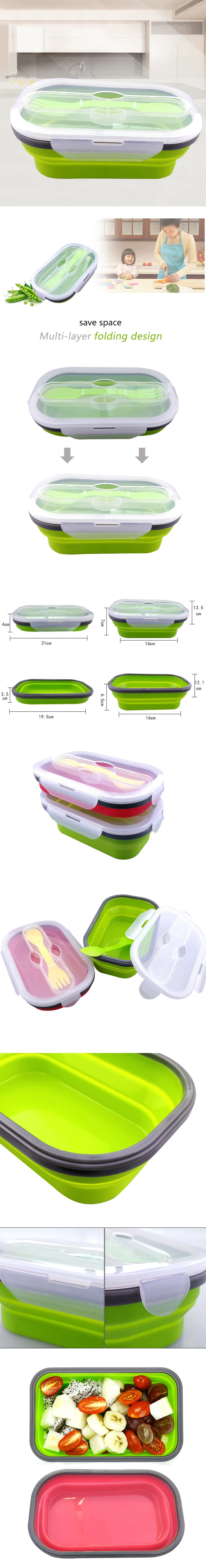 Складной силиконовый Ланч-бокс для микроволновки Bento, коробки для фруктов, контейнер для еды, портативный складной Ланч-бокс с вилкой, коробка для хранения еды