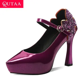 

QUTAA 2020 Sequins PU Leather Buckle Single Shoes Pointed Toe Platform Ladies Pumps Hoof High Heel Shallow Women Shoes Size34-43