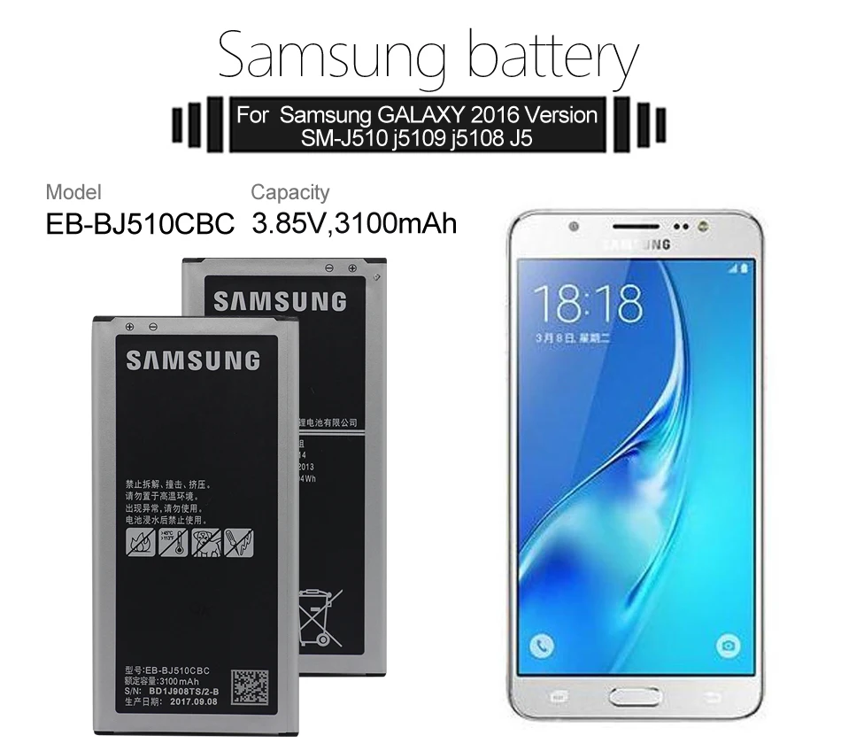 Samsung телефон Батарея EB-BJ510CBC для samsung Galaxy J5 Edition J510 J510FN J510F J510G J510Y J510M 3100 мА-ч
