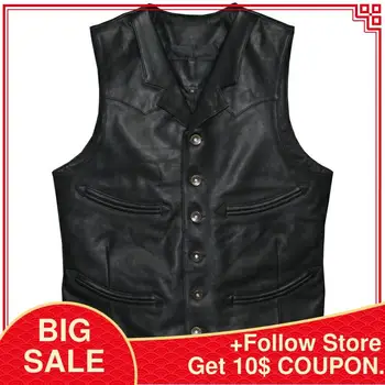 

2020 Black Men Japan Style Casual Leather Vest Men Single Breasted Plus Size XXXL Genuine Sheepskin Summer Slim Fit Short Vest