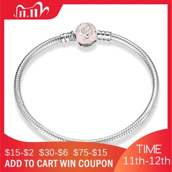 

New 925 Sterling Silver Pink Rose Flower Beads Charm Bangles & Bracelet For Women fit Original Silver 925 Beads Jewelry DIY Gift