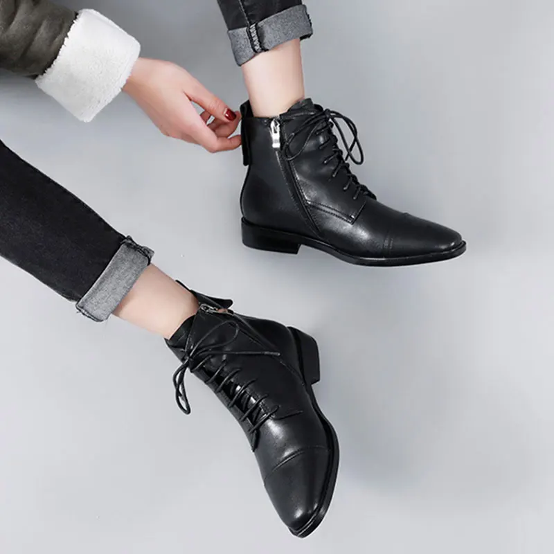 Женские ботильоны из натуральной кожи на плоской подошве; повседневные военные ботинки; женские ботинки оксфорды на шнуровке в стиле ретро; обувь на плоской подошве в студенческом стиле - Цвет: Черный