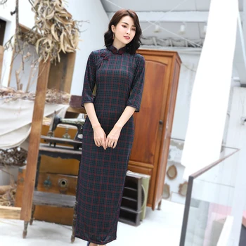 

Sheng Coco Vintage Lattice Velvet Qipao Classic Long Cheongsam Chinese Dress Long Sleeve Woman Chinese Style Evening Qipao Dress
