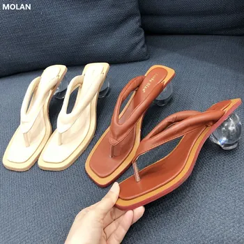 

MOLAN Brand Designers 2020 Spring New Fashion Sexy Clip Toe Transparent Round Heels Lady Pumps Slip On Loafers Mules Flip Flops