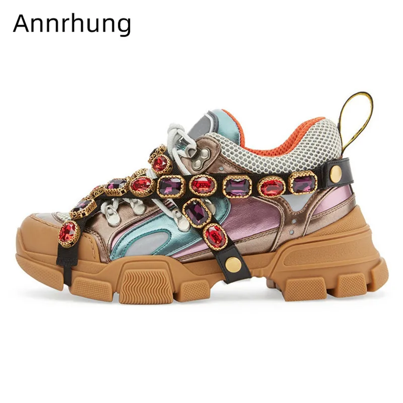 

Colorful Diamond Woman Shoes Thick Bottom Cross Lace Up Outside Runaway Footwear Round Toe Decor Crystal-Belt-Buckle Sneakers