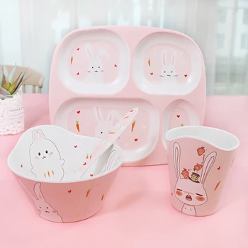 

Children's bamboo fiber tableware cartoon animal creative dinner plate cute dinosaur drop-resistant grid plate set LB022902