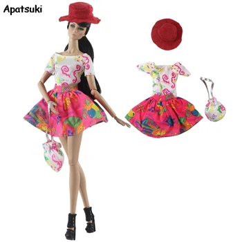 

1Set Pink Colorful Cartoon Doll Clothes For Barbie Doll Top Shirt Skirt Hat Outfits For Barbie Dollhouse 1/6 Dolls Accessories