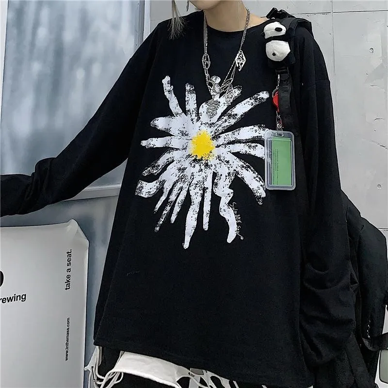 

NiceMix 2020 Spring new Harajuku retro style daisy print long-sleeved t-shirt women