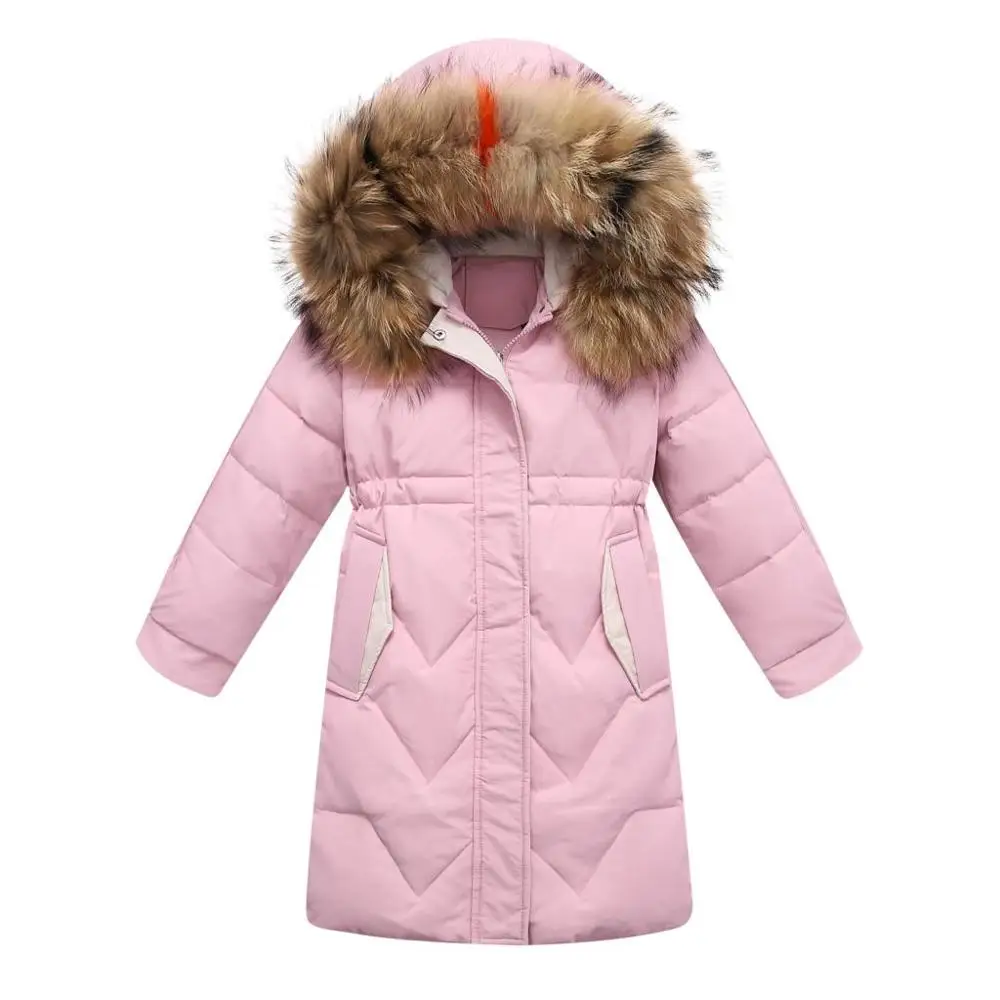 Розовый 30 Russian Winter Snowsuit Thick Warm Duck Down Jacket For Girls Outdoor Hooded Coats Kids Parka Children Outerwear 4-12 Years - Цвет: Розовый