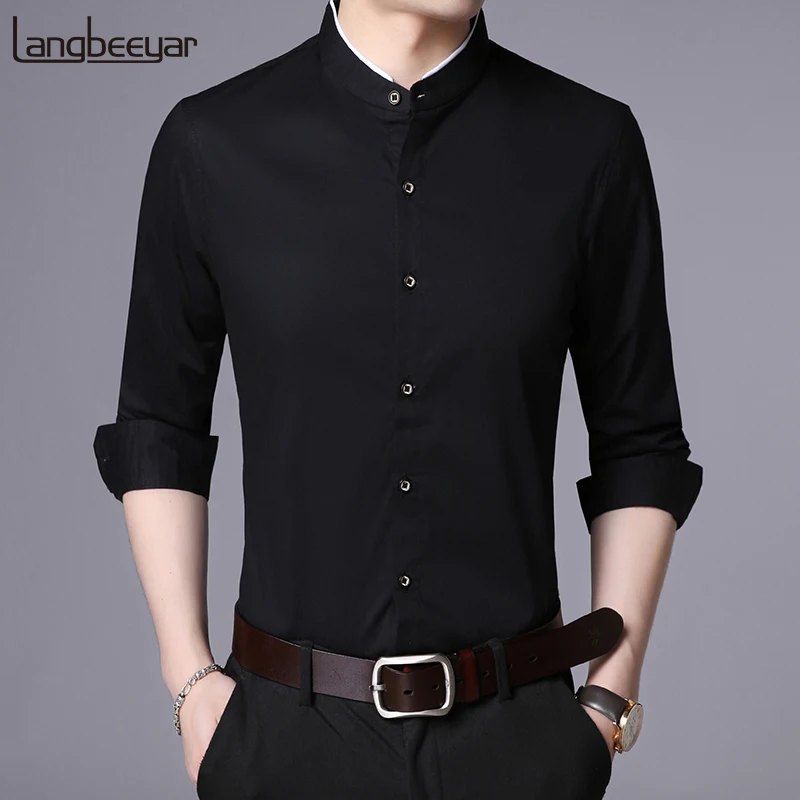 black mandarin collar dress shirt