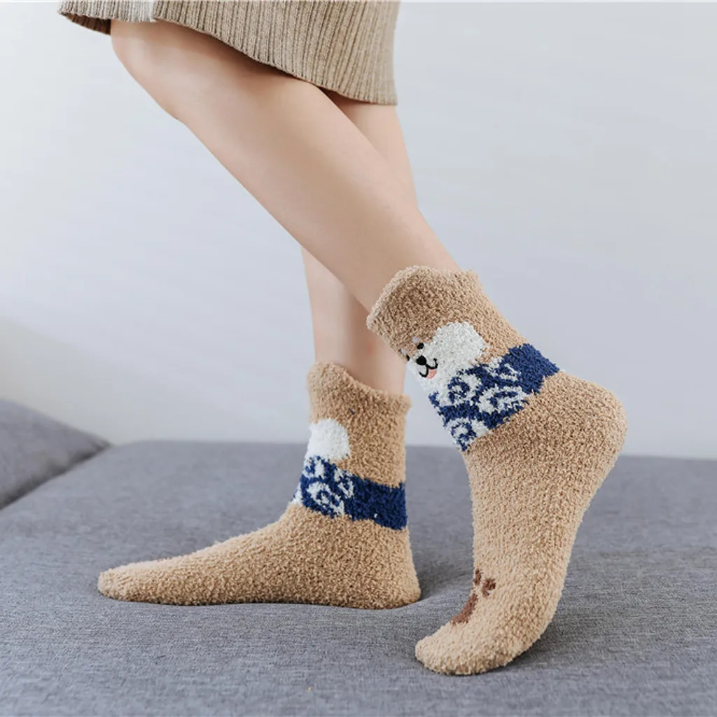 Winter Women Socks Cartoon Puppy Coral Fleece Floor Socks Lovely Thickening Cotton Middle Socks Keep Warm Socks Christmas Gifts