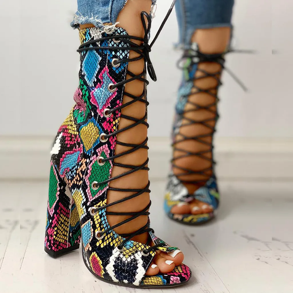 

Women's Lace Up Shoes Multicolor Ladies Snake Skin High Heel Sandals 2019 Spring Autumn New Simplicity Fashion sexy Boots