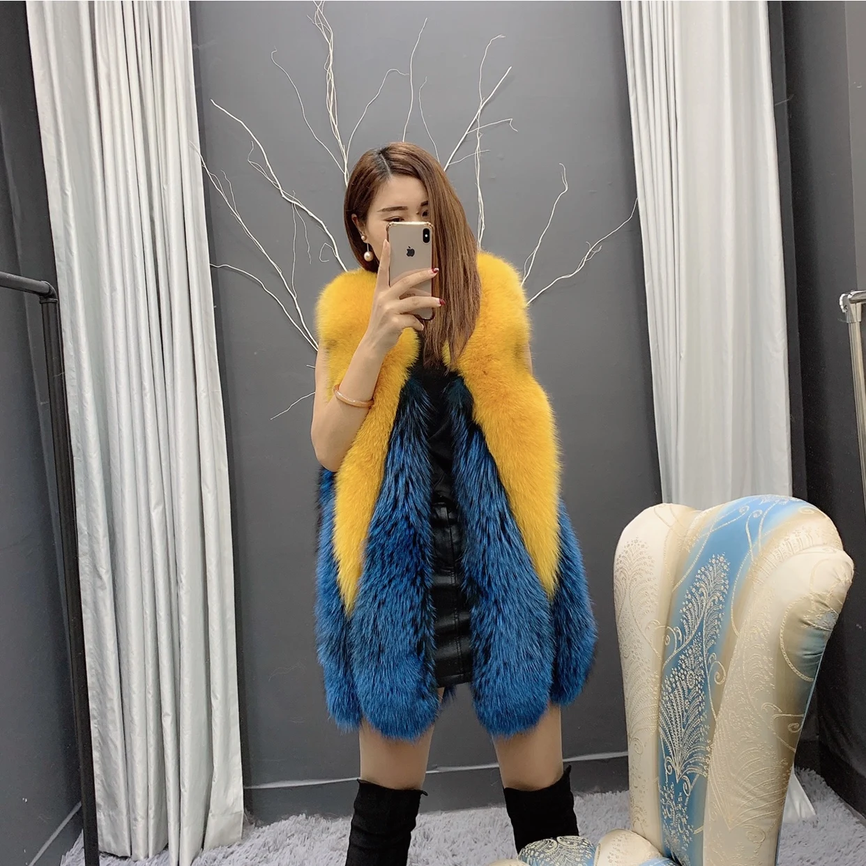 Женская одежда зимний жилет из натурального Лисьего меха длинное пальто с лисьим мехом для девочек 1013