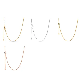 

925 Sterling Silver Basic Chain Necklace Sliding Clasp Chain Rose Gold Color 4 Color 60 Cm For Women Jewelry