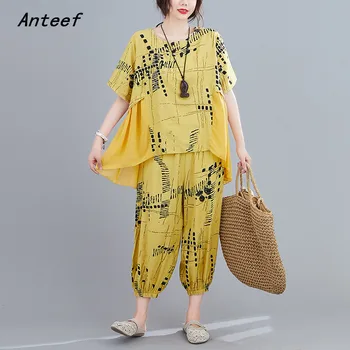

chiffon plus size vintage summer casual 2 two piece set loose tee t shirt women t-shirt ladies tshirt 2020 tops pants
