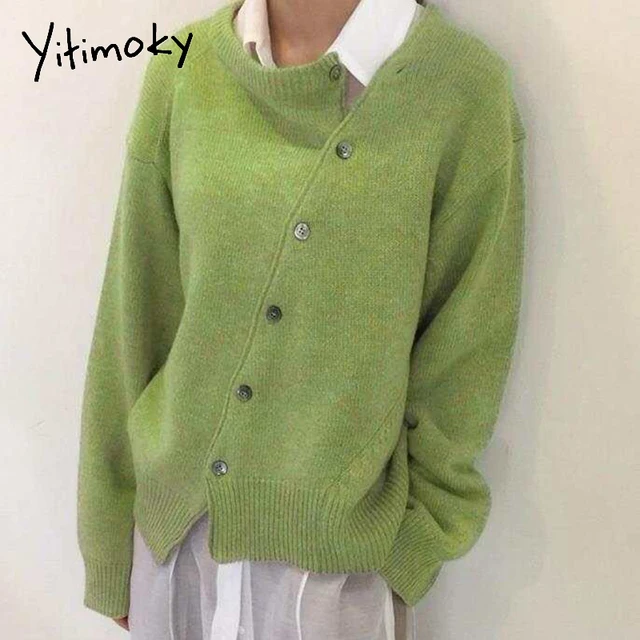 Yitimoky Khaki Cardigan for Women Sweater Irregular Knitted Oblique Single Breasted 2021 Fall Clothes Grey Casual Fashion New 2