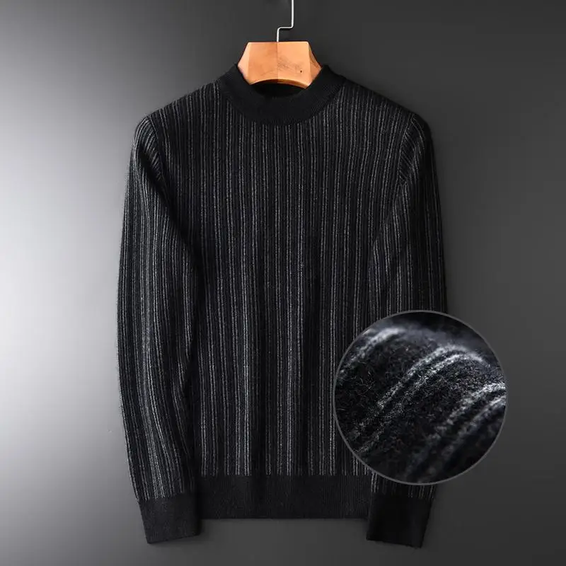 Minglu Black Sweater Men Luxury Stripe Rabbit Hair And Wool Thick Sweater Male Autumn And Winter Slim Fit Knitted Mens Sweater - Цвет: BLACK  HDM19125