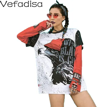 

Vefadisa Cartoon Eagle Print Women T-shirt 2020 Summer Fake Two Pieces T-shirt Letter Print Long Sleeve Tops Loose ZLD818