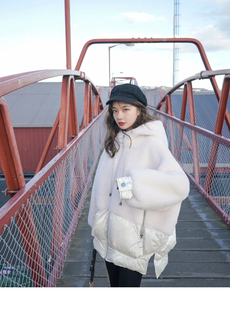 Фото фотосессия основной толчок шикарный ягненка шерсть Off-white свободный крой с капюшоном на шнуровке молнии сустава макет Двухсекционный Хлопок пальто женщин