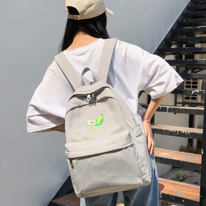 

New Embroidery Canvas Bag Little Fresh Waterproof Nylon Solid Color Backpack Girls Schoolbags(Grey)