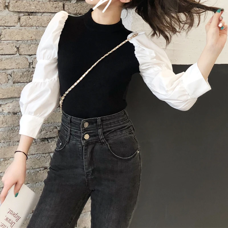 GALCAUR, Ретро стиль, пэчворк, хит, цветная рубашка для женщин, о-образный вырез, рукав-фонарик, тонкая, повседневная, Корейская, женская блузка, осень, модная новинка