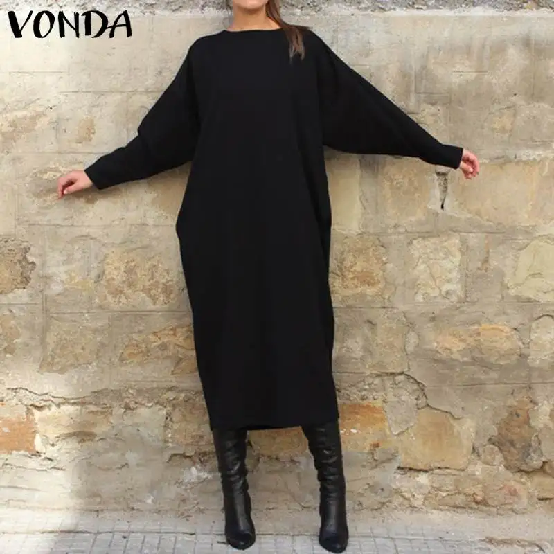 VONDA Women Autumn Dress Casual Loose Long Sleeve Mid-Calf Shirt Dress Plus Size Vestidos Swearshirts Female Pullover