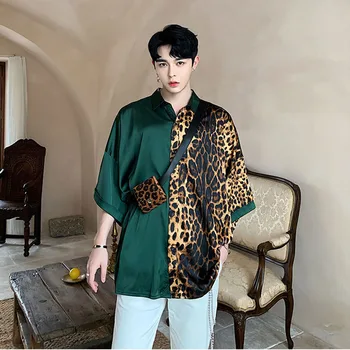 

New Male Summer Oversize Streetwear Hip Hop Loose Shirt Men Contain Bag Leopard Print Silk Style Casual Short Sleeve Shirt
