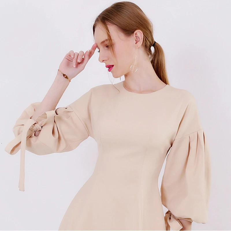 [DEAT] New Stylish Elegant Office Lady Knee Length Dress Patchwork Pleated Half Lantern Sleeve O-Neck Summer Dresses NA654