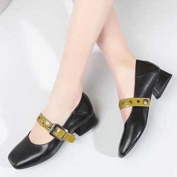 

SARAIRIS Brand Square Toe Mary Janes Pumps Elegant Med Heels Pumps Women Spring Office Quality Whole Real Leather Shoes Woman