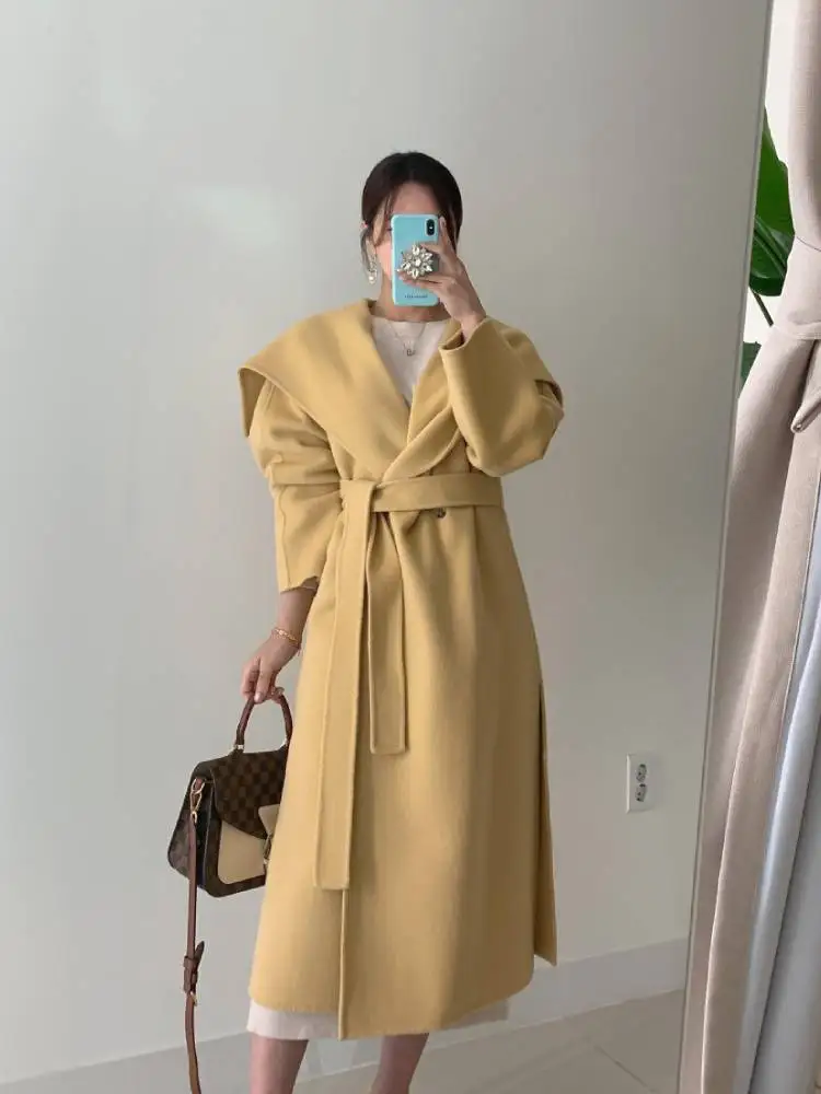 

Chic Turn-down Collar Single Button Tops Women Korean Autumn Winter Drawstring Slim Waist Jackets Warm Soft Long Coats