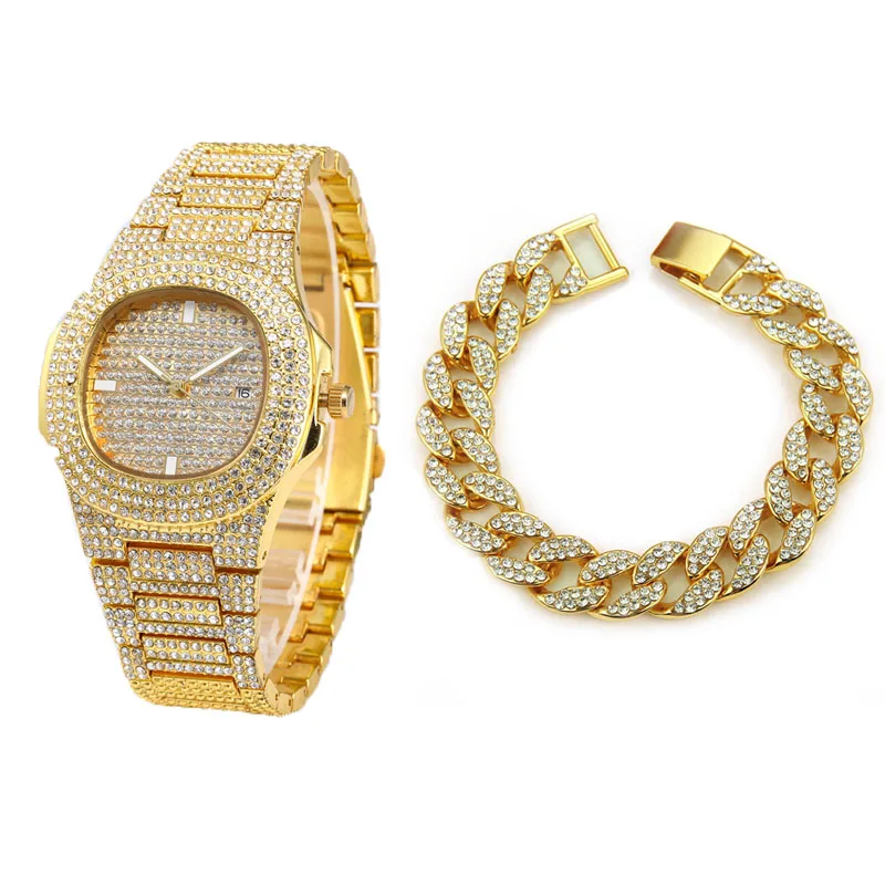 Gold Watch Bracelt Ожерелье+ часы+ браслет в стиле хип-хоп, кантри, кубинская цепочка, золото, серебро, Iced Out, проложили стразы, CZ, Bling Rapper, ювелирные изделия для мужчин - Окраска металла: Gold Watch Bracelt