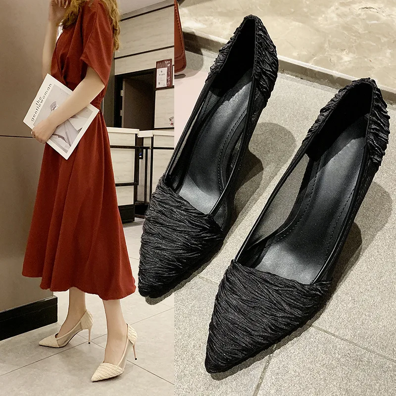 

2019 New Style Thin Heeled Pointed-Toe Cloth Shoes Women's Gauze Breathable High Heel Shoes Female Fashion Europe And America WO