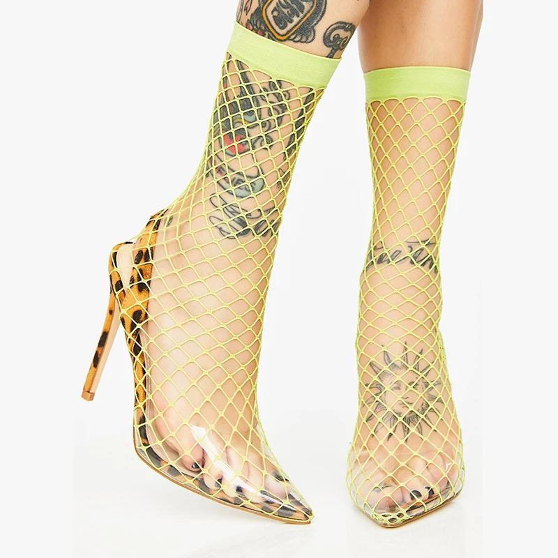 

Neon Green Mesh Sandals Women Pointed Toe Hollow Out Thin High Heels Pumps Women Transparent PVC Transparent Heels Female Shoes