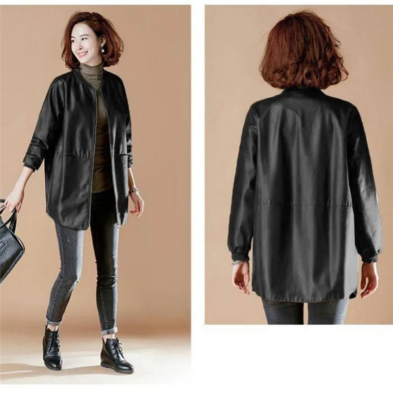Women PU Leather Jacket 2024 New Female Spring Autumn Large Size 6XL Coats Female Mid-length Leather Overcoat PU Leather jacket