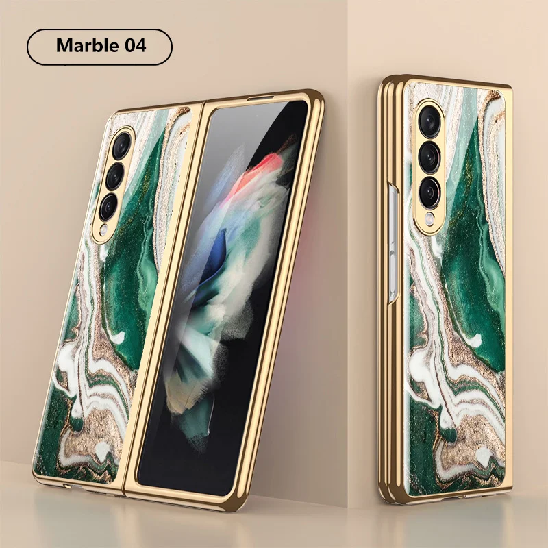 Hard Phone Cover For Samsung Galaxy Z Fold 3 5G Case Plating Glass Marble Pattern Precise Hole New Shockproof Protective Fundas kawaii phone case samsung