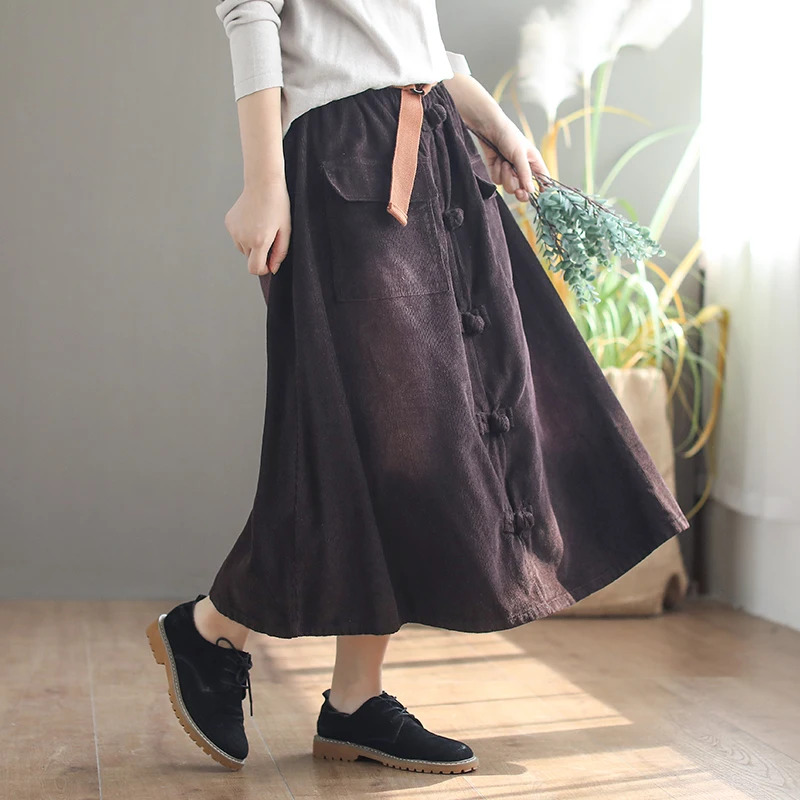 Johnature Women Vintage Skirts Pockets Elastic Waist Corduroy A-Line Skirts Autumn New Chinese Pockets Loose Women Skirts