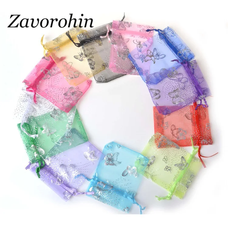 100pcs/lot Wholesale 7x9, 9x12, 11x16, 13x18 cm Butterfly Organza Wedding Candy Jewelry Packing Drawstring Pouch Decoration