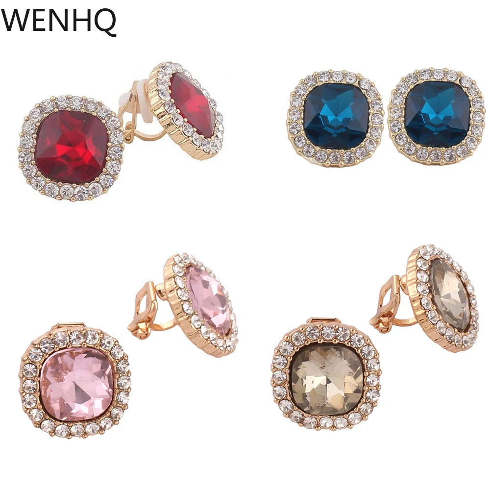 

WENHQ High Quality Clip on Earrings No Pierced for Women Party Wedding Luxury Fashion Rhinestone Crystal Statement Earrings New