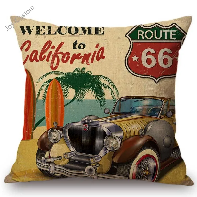 18&quot US Route 66 Vintage Car Nostalgia Retro Poster Style Decorative Throw Pillow Case Cotton Linen Sofa Cushion Cover Home Decor |