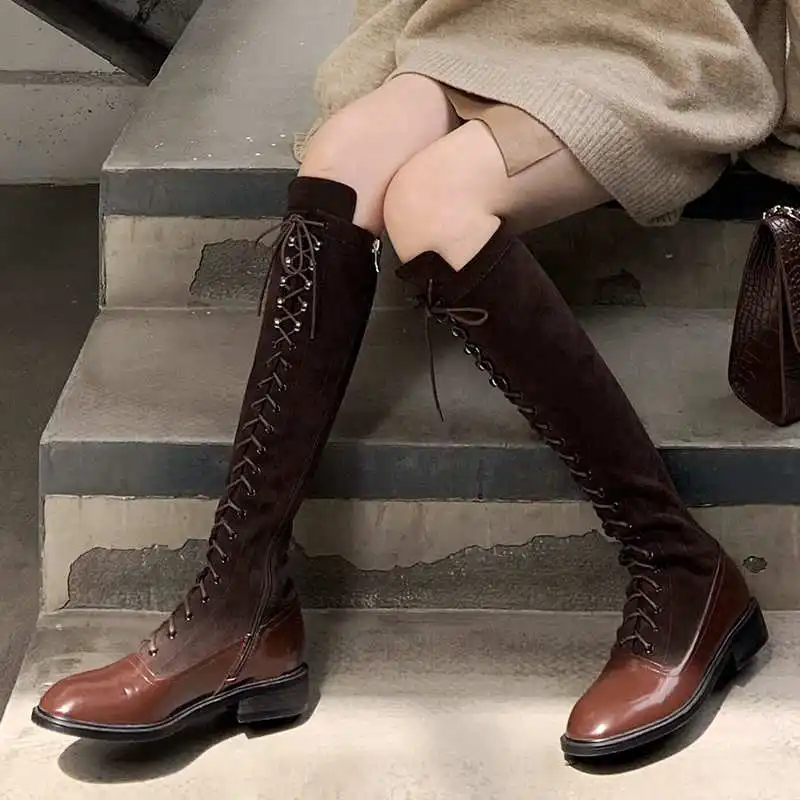 Bottes femme new winter shoes women's riding boots cow leather patchwork flock handsome British lace up rivets knee-high boots