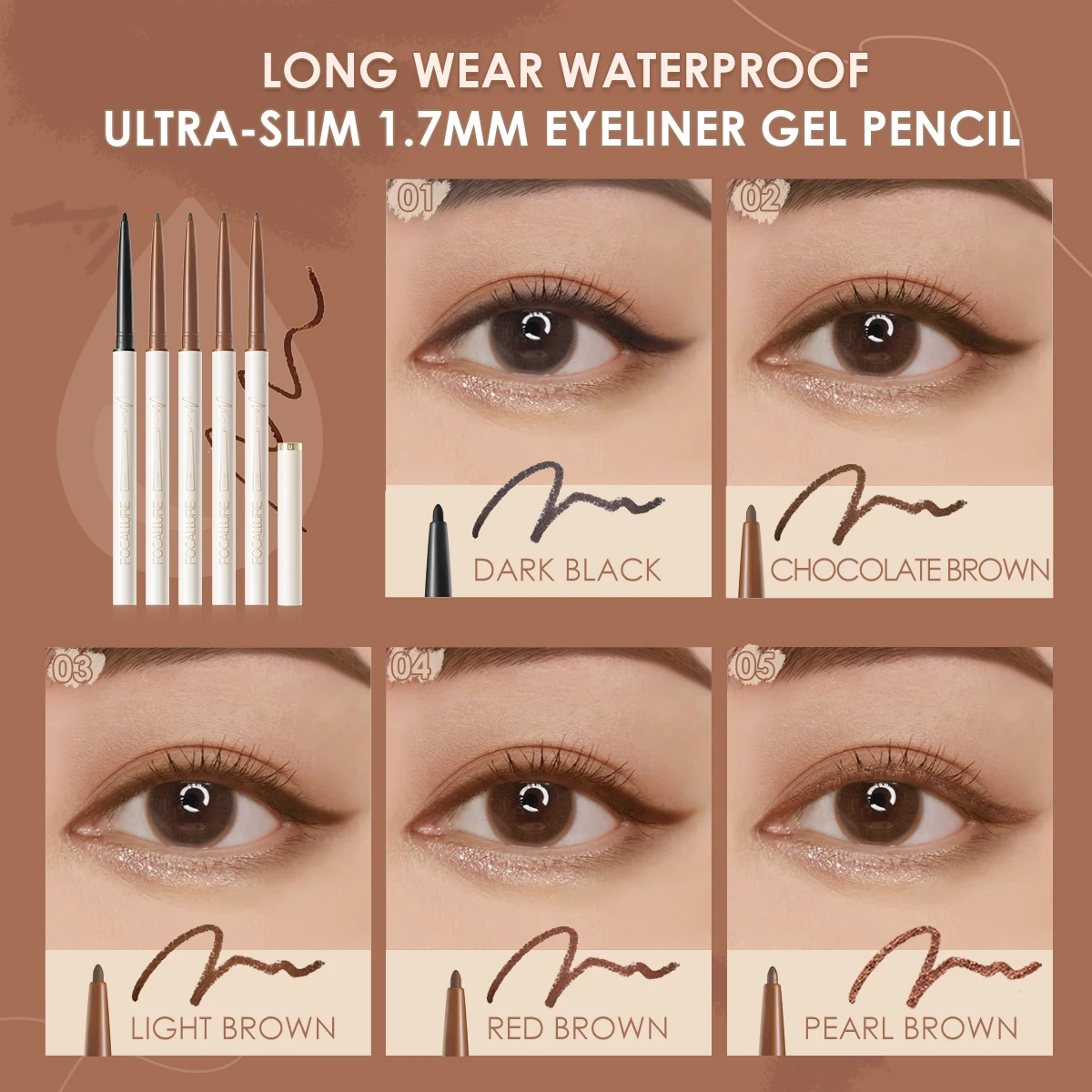 FOCALLURE Waterproof Eyeliner Gel Pencil Ultra-slim 1.7mm Soft Easy Wear High Pigment Professional Lasting Eyes Makeup
