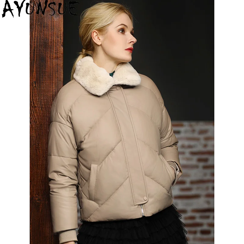 

AYUNSUE 90% белый гусиный утиный пуховик, Женское пальто из настоящей овчины, женские зимние парки меховой воротник из кролика Рекс 2020 Женское пальто