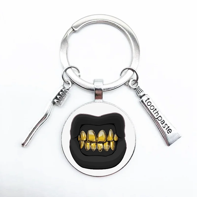 Hiphop Round Keychain, Black Mouth And Gold Teeth, Toothpaste