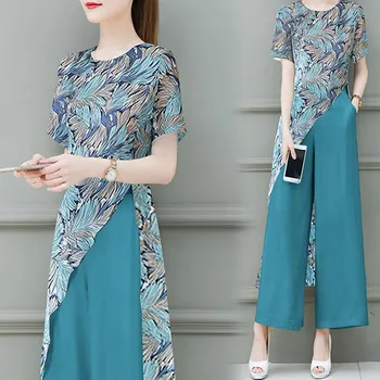 

2019 Summer Chiffon Printed Two Piece Sets Short Sleeve Long T-Shirt And Wide Leg Pants Suits Fashion Women Sets
