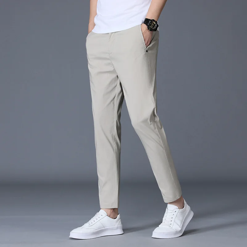 Ankle Length Ice Silk Men Trousers Black Khaki Korea Thin Summer Casual Suit Pants Chandals Man Formal New Clothes casual pants,formal trousers