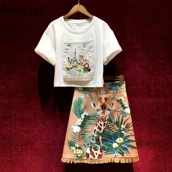 

Svoryxiu 2020 Fashion Runway Summer Skirt Suit Women's Short Sleeve Applique White Tees + Giraffe Print High Waist Skirt Set