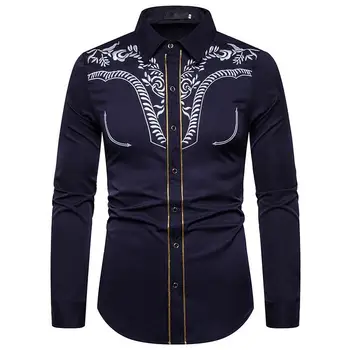 

Social Shirt Male Pattern embroidery Long-sleeved Casual Floral Luxury Men's Shirt Black White Navy Blouse Men