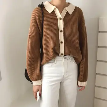

Korean Style Women Turn-Down Collar Cropped Sweate Khaki Lapel Loose Knitted Cardigan Colors