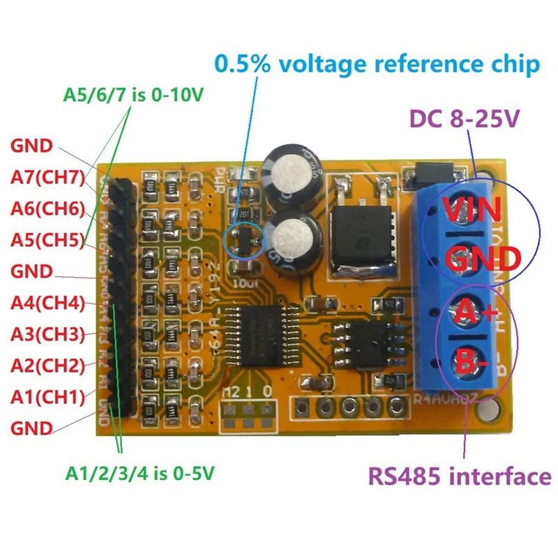 5 В/10 в 7 каналов RS485 аналоговый прибор для пробоотбора напряжения ModBus RTU плата ADC 0 20
