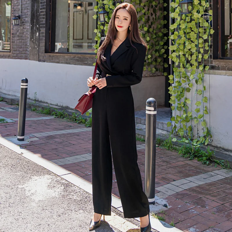 CINESSD Fashion Bodysuit For Women Balck Wrap Wide Leg Jumpsuit Female Long Sleeve V Neck Loose Office Overalls combinaison femm